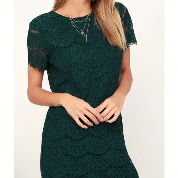 Lulus Take Me to Brunch Dark Green Lace Shift Dress Size Small - Picture 5 of 12
